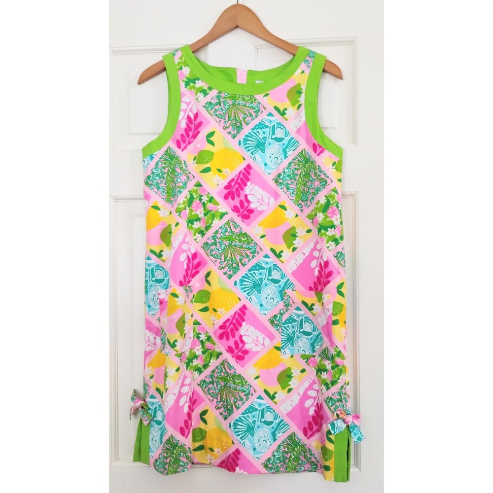 Lilly Pulitzer Shift Dress Womens 10 Pink Green Patchwork Tropical Bow Hem VTG